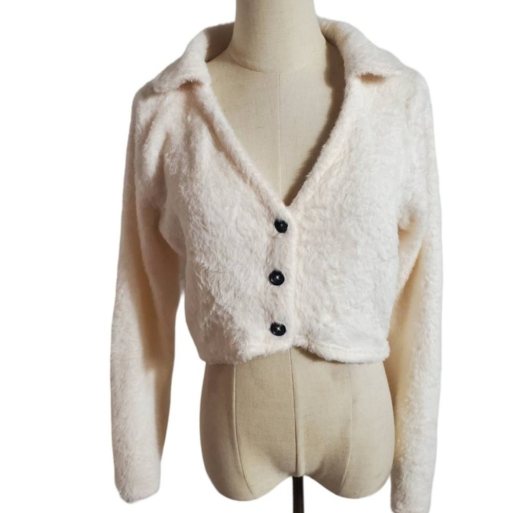 Ivory Furry Collared Cropped Cardigan